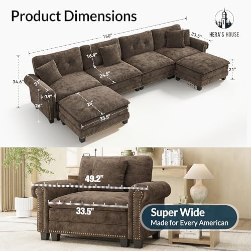 PHI VILLA 150" Oversized Modular Sectional Couch U Shaped for Living Room | Mid-Century Modern 6-Seater Cloud Sofa, Grayish Brown, Rolled Arms & Nailhead Trim, Wider & Deeper Seats, Ottoman, Chenille