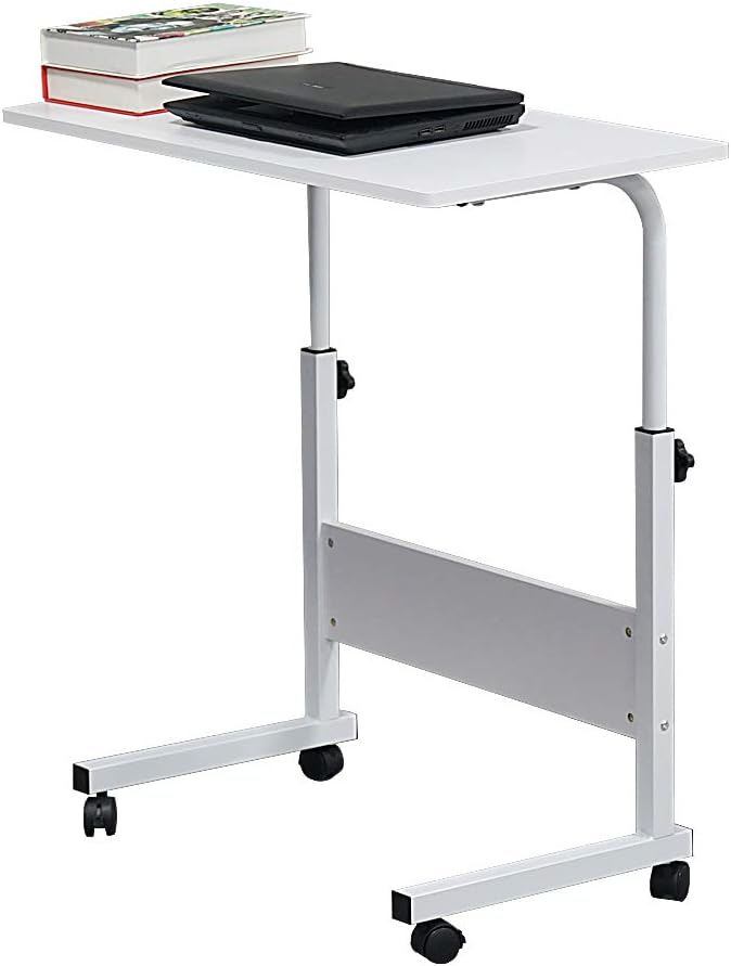 Portable Laptop Computer Desk Stand with Wheels, Rolling Sofa Side Snack Table, Height Adjustable Breakfast TV Tray Bedside Coffee， White L