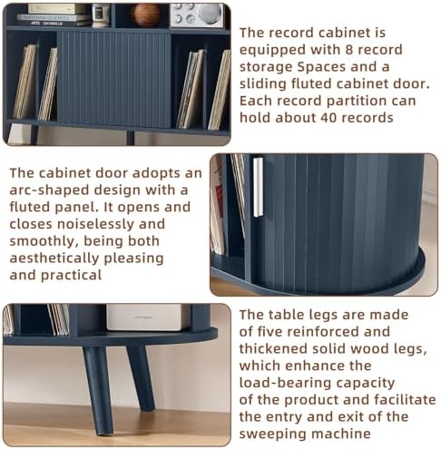 LELELINKY Extra Large Round Record Player Stand with Charging Station | Mid Century Modern Fluted Turntable Cabinet,Vinyl Storage, Arched Wood Record Player Table for Living Room,Blue