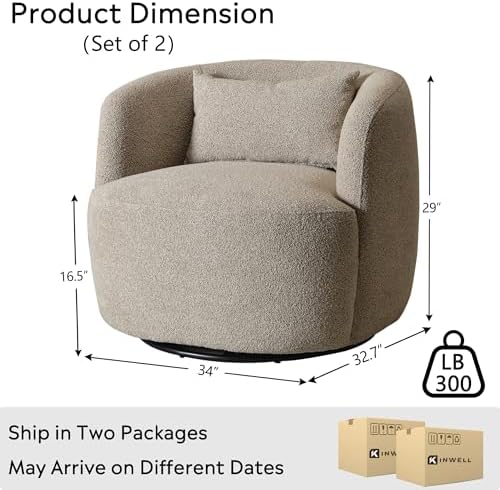 KINWELL 34" W Boucle Swivel Barrel Chairs with Pillow Set of 2, Taupe | No Assembly Round Sherpa Upholstered Armchairs Accent Chairs Single Sofa Chairs with Toss Pillow for Living Room and Bedroom