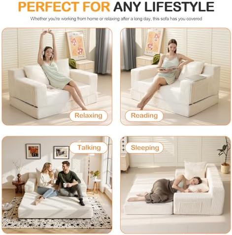 Erament Convertible Sofa Bed, Loveseat Folding Floor Futon Sleeper Sofa Couch Bed Foldable Couch, Corduroy Pull Out Sofa Bed with 2 Pillows for Living Room & Bedroom