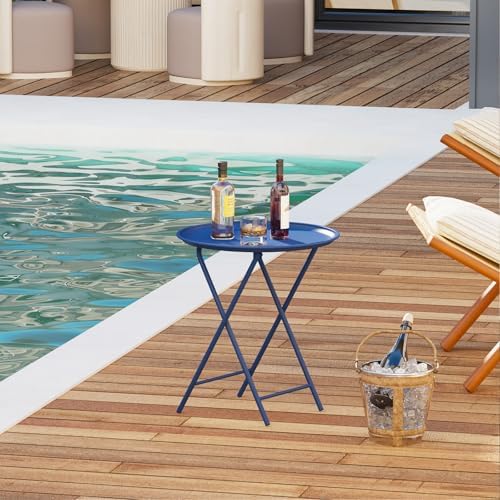 Garden 4 you Folding TV Tray Table, Metal Round Side Table, Blue Dinner Table with Metal Frame, Modern Outdoor Tray Table for Living Room, Bedroom, Patio & Small Spaces, 2 Packs