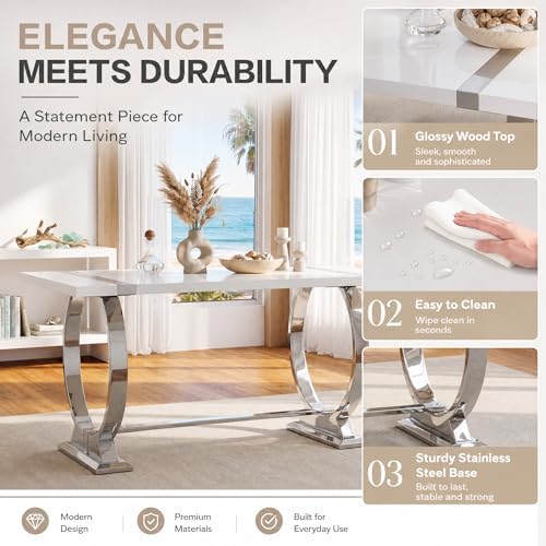 Asday 7 Piece Dining Table Set, Luxury White and Silver Dining Room Table Set with 60 inch Rectangular Dining Table and 6 White Leather Dining Chairs