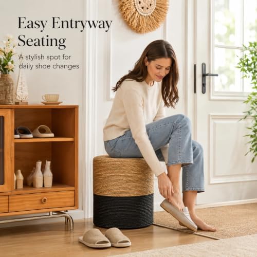 Wimarsbon Natural Seagrass Foot Stool, Hand Weaving Round Ottoman, for Living Room, Outdoor Seat (Natural & Black)