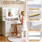 42" W Vanity Desk with Power Outlet Mirror and LED Lights Large Heavy Duty Makeup Vanitys Table with 3 Drawers & 6 Open Shelves & 2 Cabinet Storage for Bedroom Dressing, White
