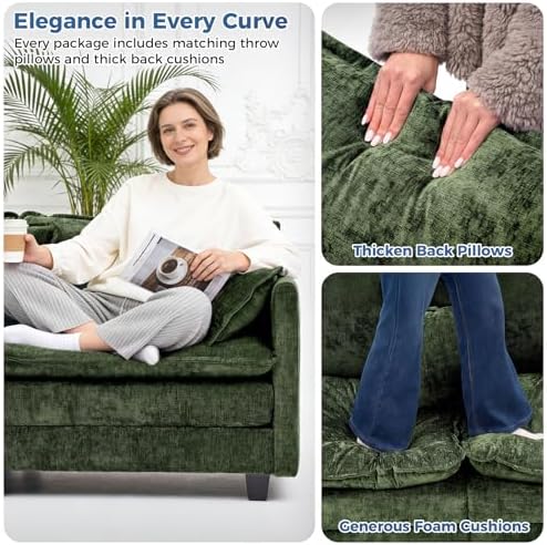 Redlife 78" Modular Sectional Loveseat Sofa with Ottoman | 2-Seater Chenille Couch Set with Spring & Double Foam Cushion System, Removable Covers, Easy To Assembly, Green