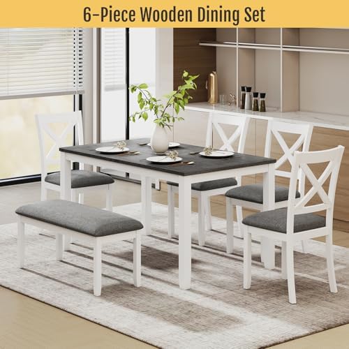 Zevemomo 6-Piece Solid Wood Dining Table Set, Wooden Legs, White | Including 1 Dining Table, 4 Upholstered Chairs and 1 Bench, Wooden Legs Dining Table Set for Dining Room, Kitchen, Restaurant