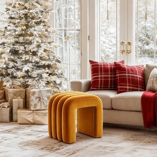 ONEVOG Velvet Pouf Ottoman, Small Ottoman Foot Rest for Couch, 18 Inch Cute Vanity Chairs for Makeup, Living Room Decorative, Sturdy Frame, Upholstered Modern Footrest for Bedroom, Dorm, Cognac, 2Pcs