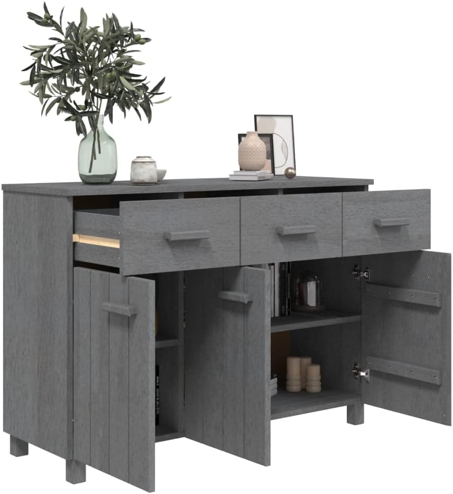 Dark Grey Solid Pine Wood Sideboard with 3 Drawers, MDF Medium Buffet Cabinet for Dining Room and Living Room Storage, Modern Traditional Design, Durable Furniture