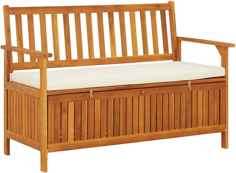 Patio Storage Bench, Solid Acacia Wood Outdoor Garden Bench with Seating for 2, Rustic Entryway Storage Settee with Soft Cushion for Deck, Porch or Mudroom, 47.2 x 24.8 x 33.1 in