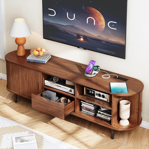 ONBRILL 69" TV Stand with Power Outlet for TVs up to 80", Walnut | Entertainment Center with Storage and Drawer TV Console w/ Adjustable Shelves & Sliding Door TV Stand for Living Room Bedroom