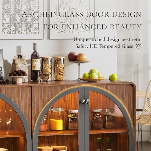 Sideboard Buffet Cabinet with Storage, 68" Walnut Credenza Accent Cabinet Buffet Table w/4 Arched Glass Doors & LED Light, Modern Coffee Bar Liquor Cabinet w/2 Shelves for Kitchen Entryway