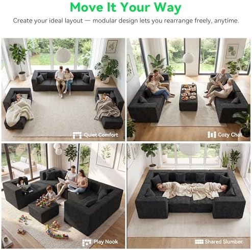 MONVANE Oversized Sectional Couch 08-Seat, Chenille, Black | Sectional Couch for Living Room, Modular Cloud Sofa with Ottoman & 8 Throw Pillows, No Assembly Required