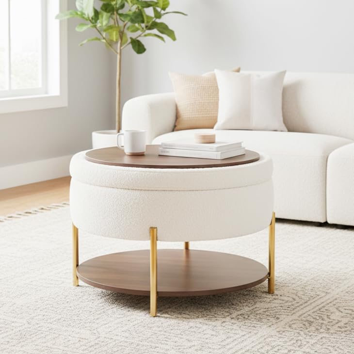 28.5 Inch Round Coffee Table Ottoman with Storgae, Modern Large Upholstered Circle Storgae Ottoman with Removable Lid Top and Metal Legs for Living Room, Bedroom, Teddy Fleece Beige