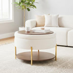 28.5 Inch Round Coffee Table Ottoman with Storgae, Modern Large Upholstered Circle Storgae Ottoman with Removable Lid Top and Metal Legs for Living Room, Bedroom, Teddy Fleece Beige