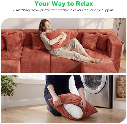 MONVANE U Shaped Sectional Couch Oversized, Chenille, Rust Red | 6-Seat Sectional Couch for Living Room, Modular Cloud Sofa with Ottoman & 6 Throw Pillows, No Assembly Required