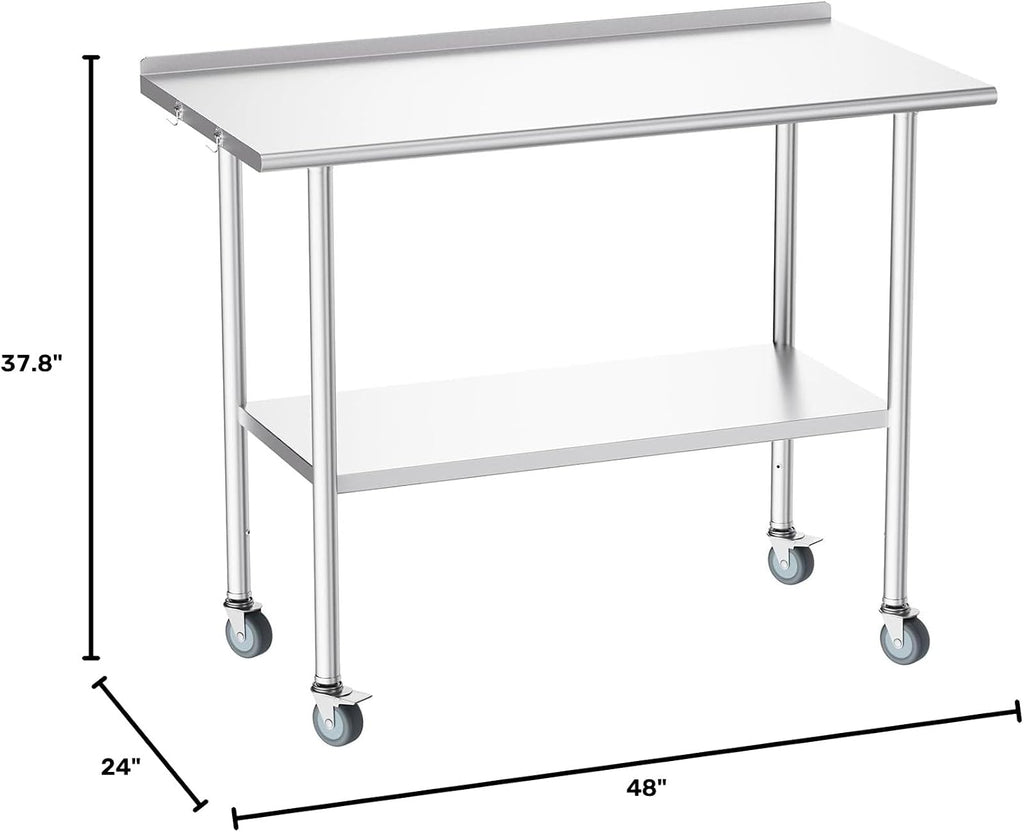 Atelicf NSF Stainless Steel Prep Table 24X48 inch, Backsplash & Casters | Mobile commercial-grade table for restaurants, kitchens, food trucks, breweries, bars, garages, and BBQ