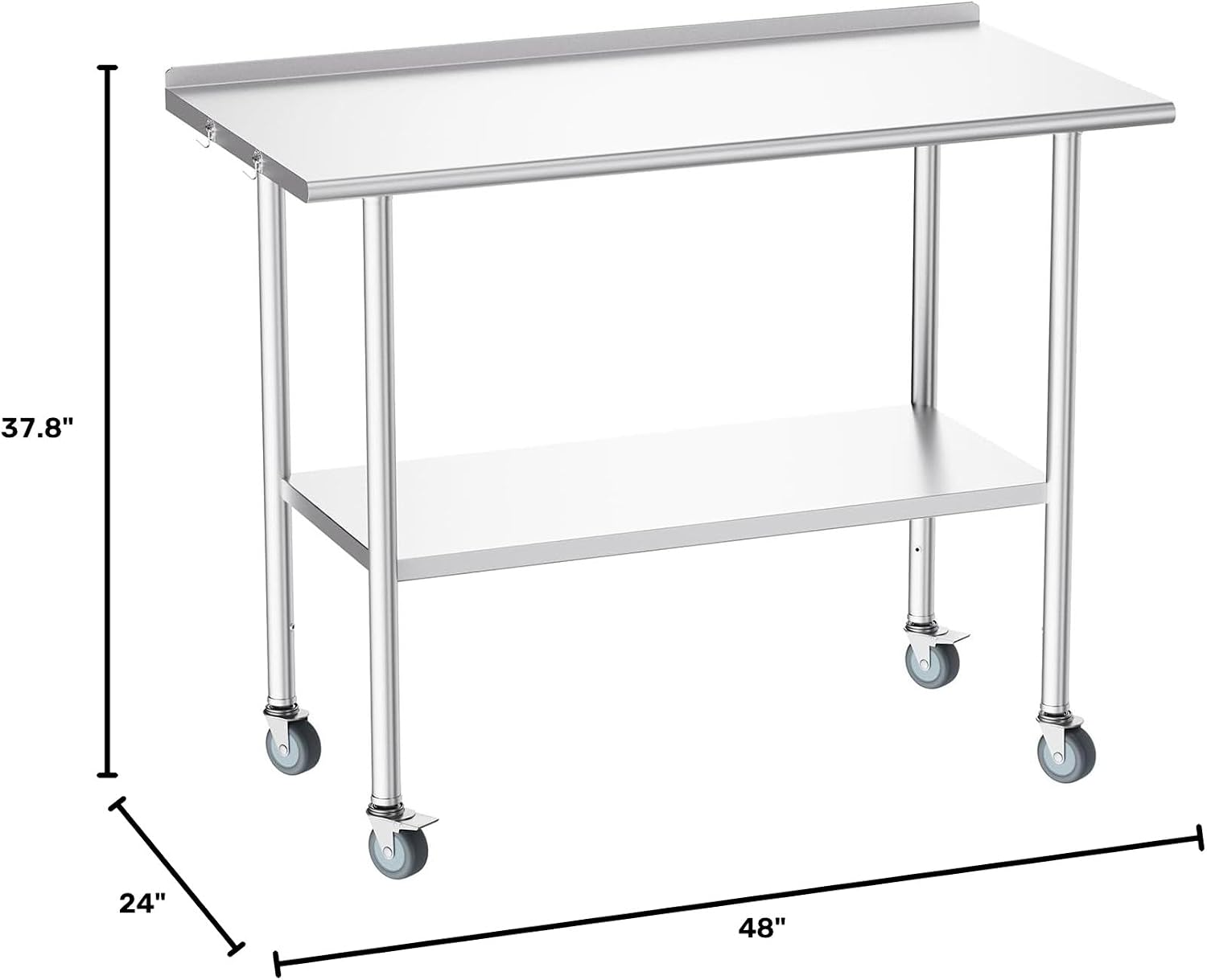 Atelicf NSF Stainless Steel Prep Table 24X48 inch, Backsplash & Casters | Mobile commercial-grade table for restaurants, kitchens, food trucks, breweries, bars, garages, and BBQ