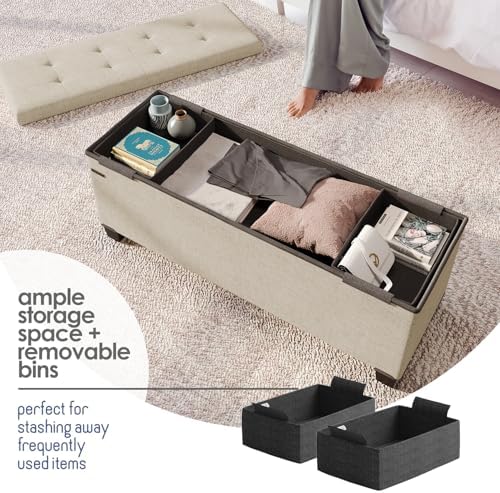 Storage Ottoman Bench with Bins, 43-in Storage Bench for Bedroom End of Bed, Folding Foot Rest Ottoman for Living Room Max 660lbs, Fabric Ottomans, Beige