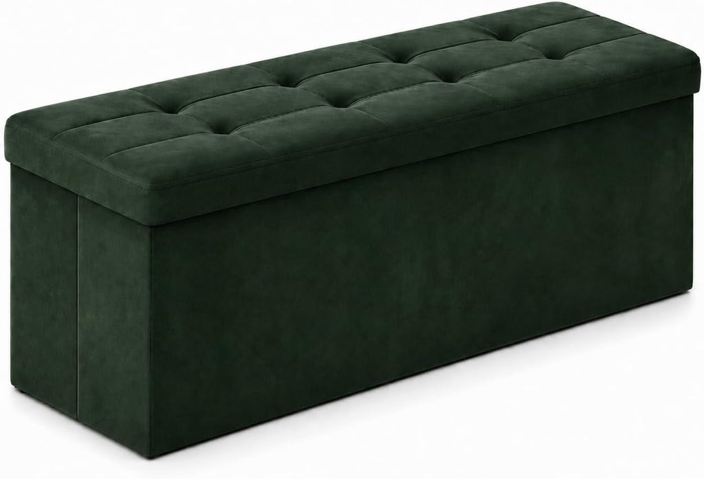 ALASDO 43 Inch Folding Storage Ottoman Bench with Hidden Storage, Velvet Storage Ottoman Foot Rest Stool, End of Bed Bench for Bedroom, Living Room, Entryway and Closet, Dark Green
