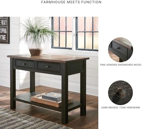 Signature Design by Ashley Tyler Creek Farmhouse Console Table, 2 Drawers | Behind couch table, Solid and engineered wood and veneers, 22-inch deep display shelf, Farmhouse sofa table