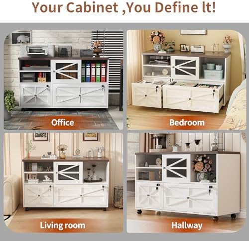 2 Drawer Farmhouse File Cabinet with Lock, Mobile Lateral Filing Cabinet for Letter/Legal/A4 Size, Open Storage Adjustable Shelf for Home Office Cabinets,White