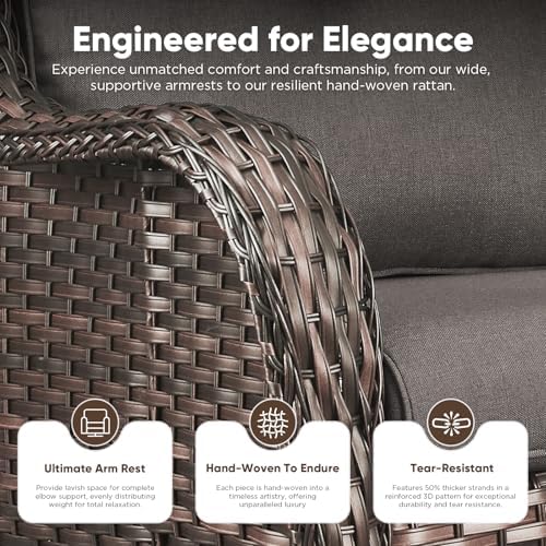 Belord Patio Furniture Set with Fire Pit Table,8 Piece Wicker Outdoor Furniture Set, Swivel Rocker Chairs with Ottomans and Sectional Couch, All Weather Patio Conversation Set,Brown Wicker/Gray