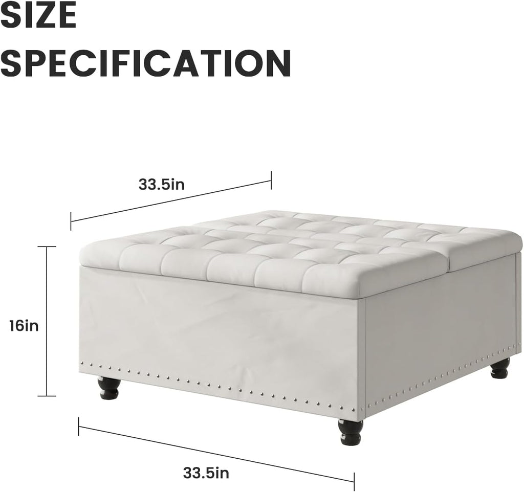 FUXA 35" Large Square Ottoman with Storage and Lift Top, Wood Legs, Beige | Oversized Coffee Table, Tufted Upholstered Bench, Sturdy Construction, for Living Room