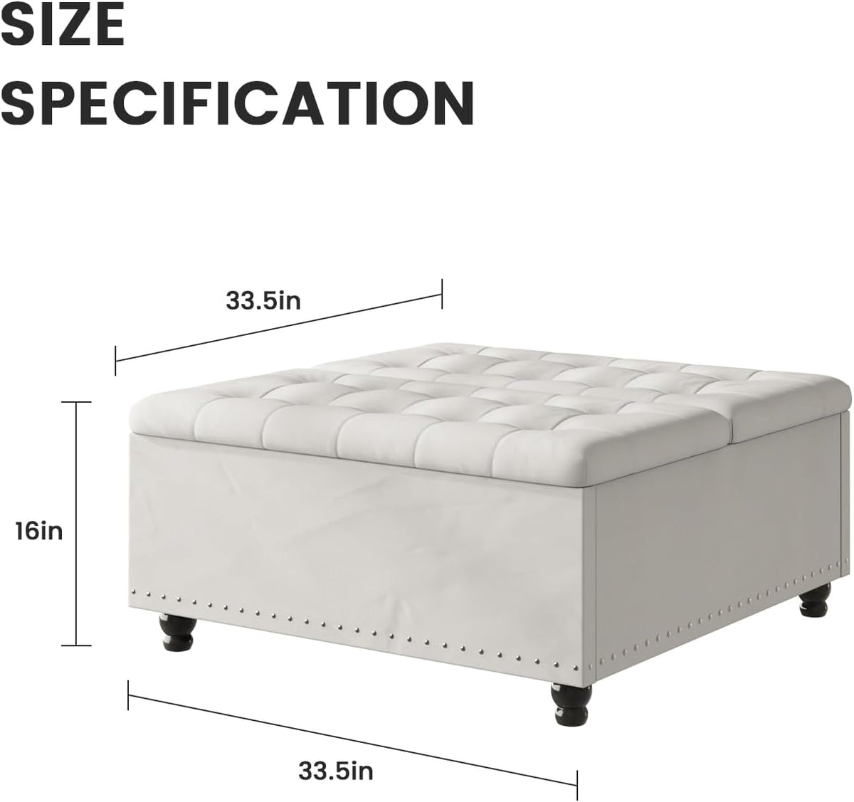 FUXA 35" Large Square Ottoman with Storage and Lift Top, Wood Legs, Beige | Oversized Coffee Table, Tufted Upholstered Bench, Sturdy Construction, for Living Room