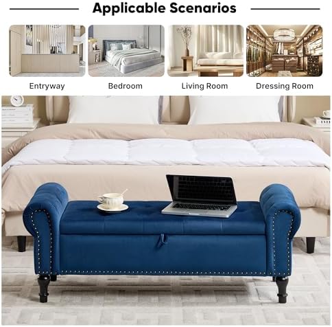 Storage Bench for Bedroom, 51" Upholstered End of Bed Bench, Velvet Queen Size Benches with Rolled Arms, Tufted Button Storage Long Ottoman, Living Room, Entryway, Blue