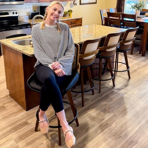 Mid Century Modern Counter Stools, Rattan Swivel Counter Stools with Back | Natural Bentwood Frame, Rattan Back, Walnut Finish, Faux Leather Upholstered Seat, Counter Chairs for Island, Kitchen, Cafe