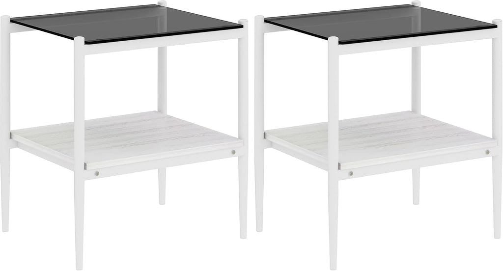3-Piece Glass Coffee Table and End Table Sets for Living Room, Modern Living Room Tables Set of 3 Tempered Glass Coffee Table & 2 End Side Table with Storage for Small Spaces (3, Gray White)