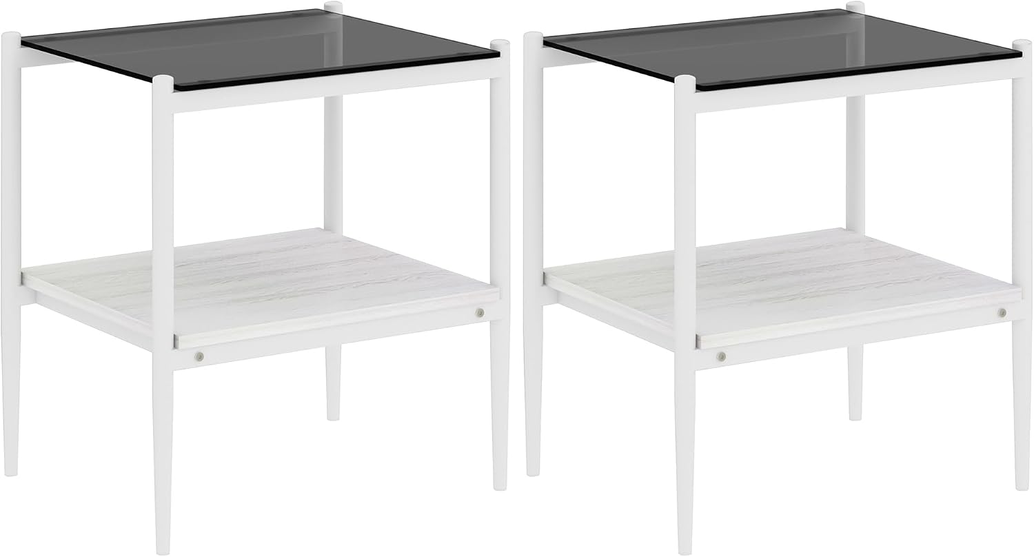 3-Piece Glass Coffee Table and End Table Sets for Living Room, Modern Living Room Tables Set of 3 Tempered Glass Coffee Table & 2 End Side Table with Storage for Small Spaces (3, Gray White)