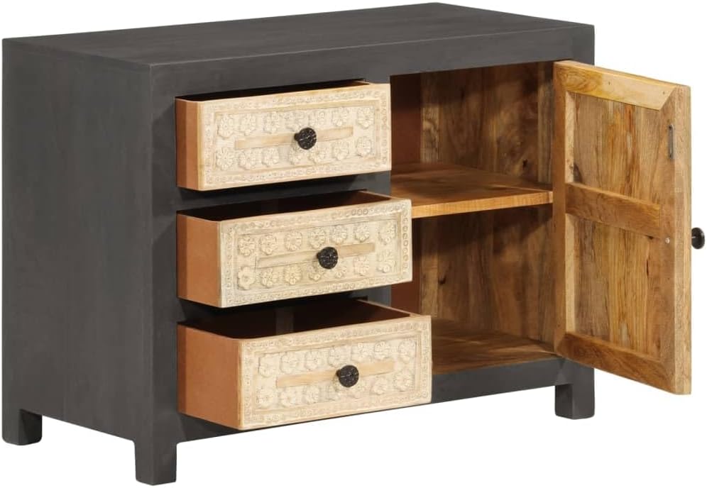 Solid Mango Wood Sideboard, 29.5 Inch Wall Mounted Buffet Cabinet with 3 Soft Close Drawers, Modern Grey and White Carved Accent Credenza for Living Room and Dining Area