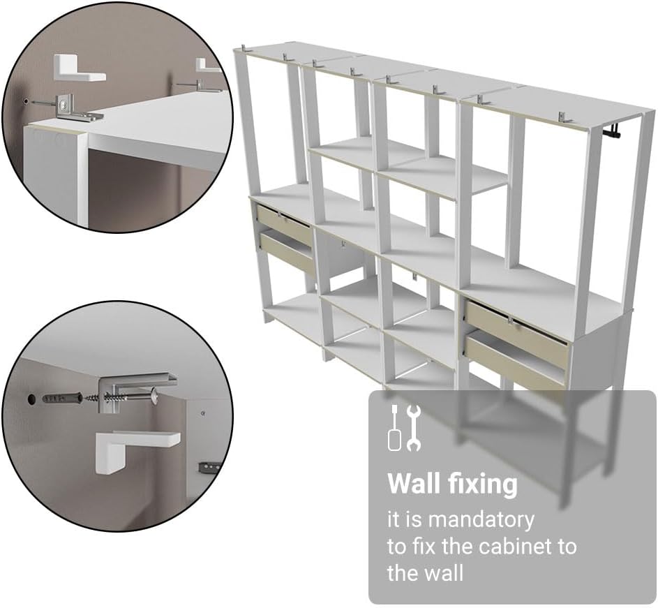 Madesa Kitchen Pantry Storage Rack with 4 Drawers, Open Shelves and Hanging Spaces 102" L Multiuse Modular Cabinet for Kitchen Organization - White