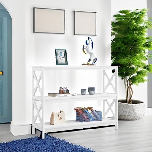 Yaheetech 42"L White Console Table 3-Tier Narrow X-Frame Open Storage Shelf | Sofa Table for Entryway, Hallway and Living Room, Slim 14" Depth, Powder-Coated MDF, 88 lb Top Load, Easy Assembly