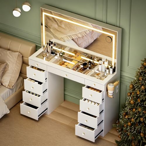 11 Drawers Glass Top Vanity Desk, Crystal Handles Makeup Vanity with Mirror and Lights, Dressing Table with Power Outlet, Adjustable Lighting Modes, White