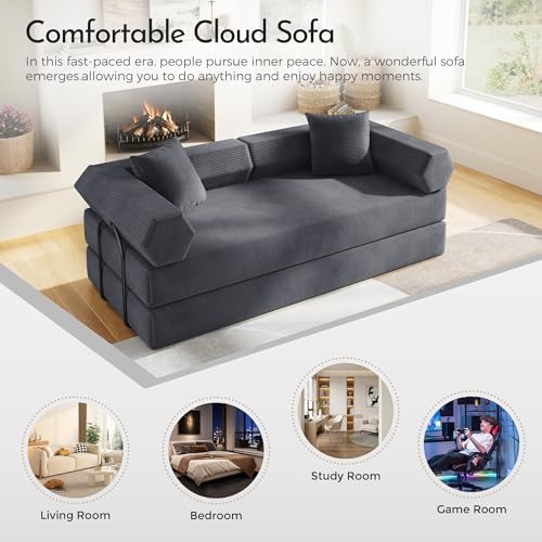 79" Convertible Futon Sofa Bed, Couch for Living Room | Dark Gray | Modular Sleeper Sofa, Corduroy Pull Out Floor Couch Loveseat with Fixed-Shape Frame, No Assembly