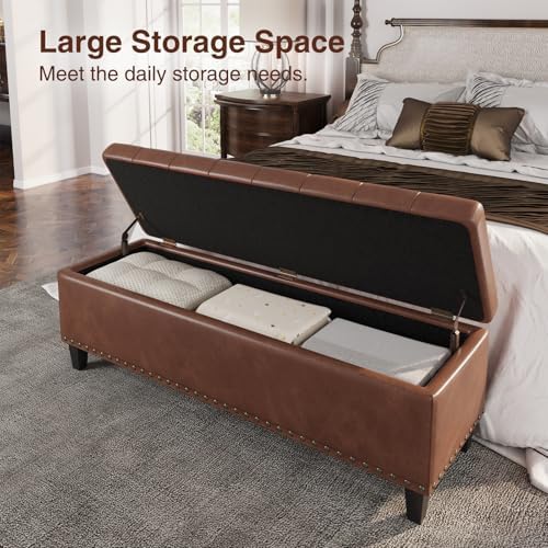 FiveWillowise 51 Inch Storage Ottoman Bench,Large End of Bed Storage Bench | Faux Leather Ottoman with Storage,30 Gallons,Upholstered,with Nailhead Trim,Legs,for Bedroom,Living Room,Entryway,Brown