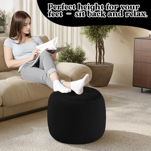 MeMoreCool Round Pouf Ottoman 20x15 Inch, Corduroy Floor Footstool, Black | Soft Foam Chunk Filled Floor Pouf, Comfy Foot Rest for Couch, Living Room, Bedroom, Kids Room