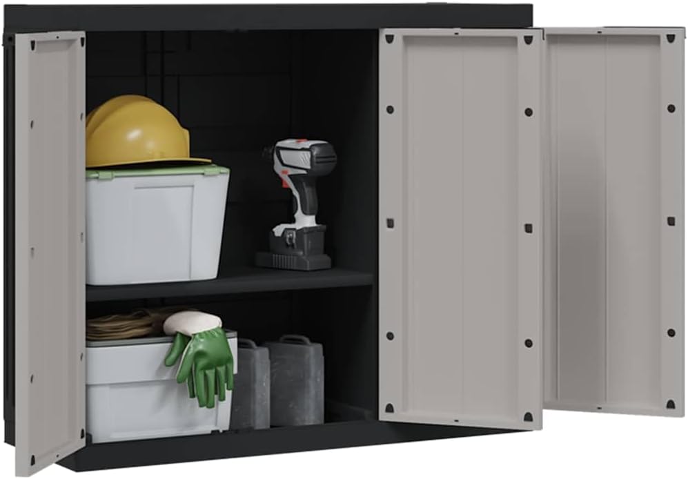 Locking Outdoor Storage Cabinet with Shelves Adjustable Shelf Modern Outdoor Storage Cabinet for Balcony Gray Black Polypropylene Medium