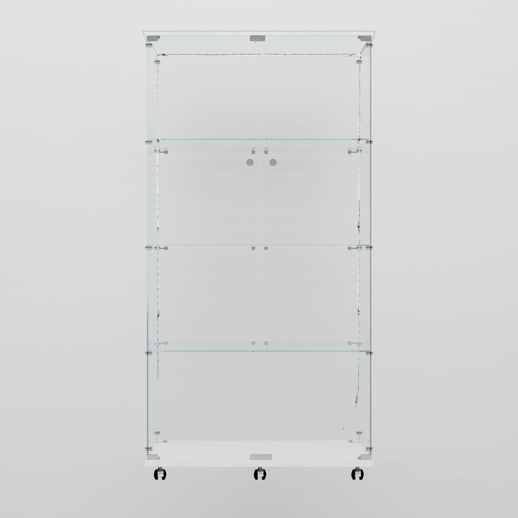 Glass Display Cabinet with LED Light Strip, 4 Shelves with 2 Doors, Glass Top Curio Storage Cabinets with Lock & Caster for Living Room,Floor Standing Bookshelf, Quick Installation - White