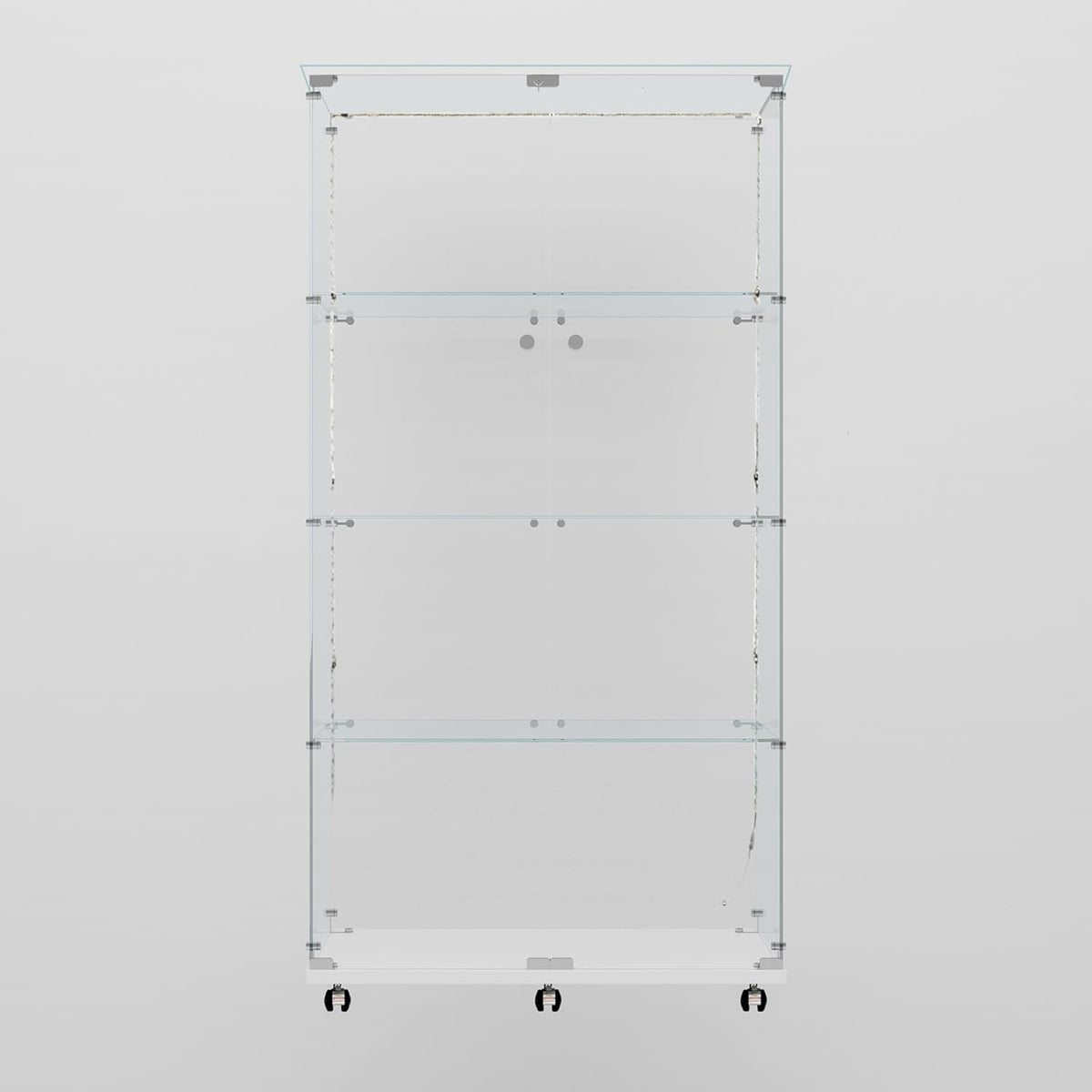 Glass Display Cabinet with LED Light Strip, 4 Shelves with 2 Doors, Glass Top Curio Storage Cabinets with Lock & Caster for Living Room,Floor Standing Bookshelf, Quick Installation - White