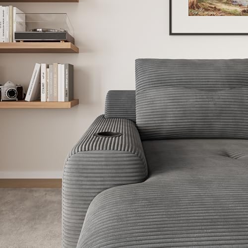 69” Floor Chaise Lounge Chair Indoor, Oversized Chaise Lounge Reading Chairs with 4 Side Pockets and 2 Cup Holders, Comfy Corduroy Sleeper Sofa Bed for Living Room Bedroom Apartment, Grey