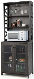 TANGZON Tall Kitchen Cupboard, Wooden Storage Sideboard with Adjustable Shelf, Glass Holder, Tempered Glass Door & Anti-toppling Device, Freestanding Pantry Cabinet Organiser for Dining Living Room