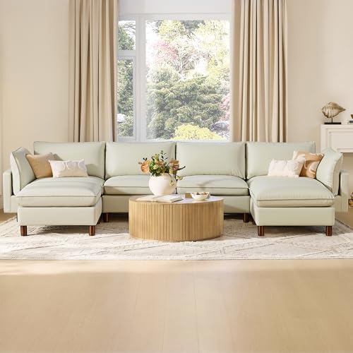 CHITA 161" Leather Super Large Sectional Couches for Living Room, Modular Cloud Sofa, Premium Genuine Leather Sofa, Down Filled, High Density Foam, Real Leather in Cream, 6 Seat U Shaped