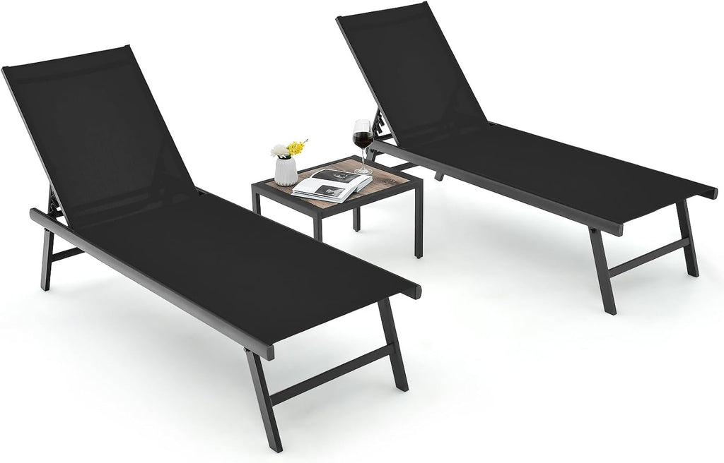 Tangkula 3 Piece Patio Chaise Lounge Set, Aluminum Patio Recliner with Coffee Table, 6-Level Backrest Adjustment, Outdoor Lounge Chair & Side Table Set for Poolside, Backyard (Black)