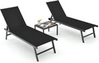Tangkula 3 Piece Patio Chaise Lounge Set, Aluminum Patio Recliner with Coffee Table, 6-Level Backrest Adjustment, Outdoor Lounge Chair & Side Table Set for Poolside, Backyard (Black)