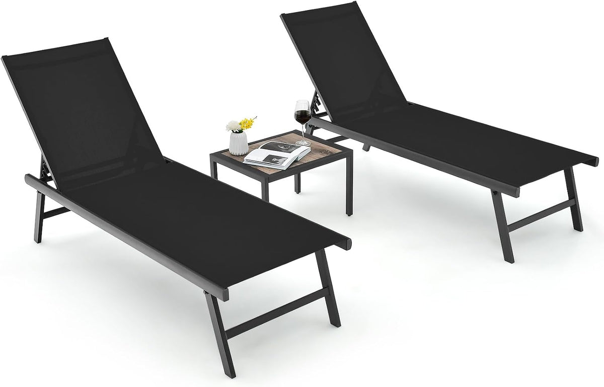 Tangkula 3 Piece Patio Chaise Lounge Set, Aluminum Patio Recliner with Coffee Table, 6-Level Backrest Adjustment, Outdoor Lounge Chair & Side Table Set for Poolside, Backyard (Black)