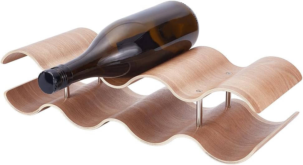 UNICRAFTALE 7 Bottle Wooden Countertop Wine Rack 2 Tier Wavy Small Peru Brown Wood Wine Holder Shelf for Kitchen Bar Dining Room Display 16.5x6.1x3.9 Inch